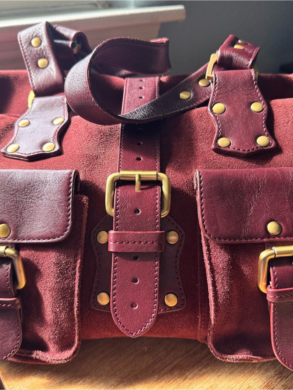 Burgundy Suede & Leather Satchel Tote with Gold Hardware - Picture 10 of 16